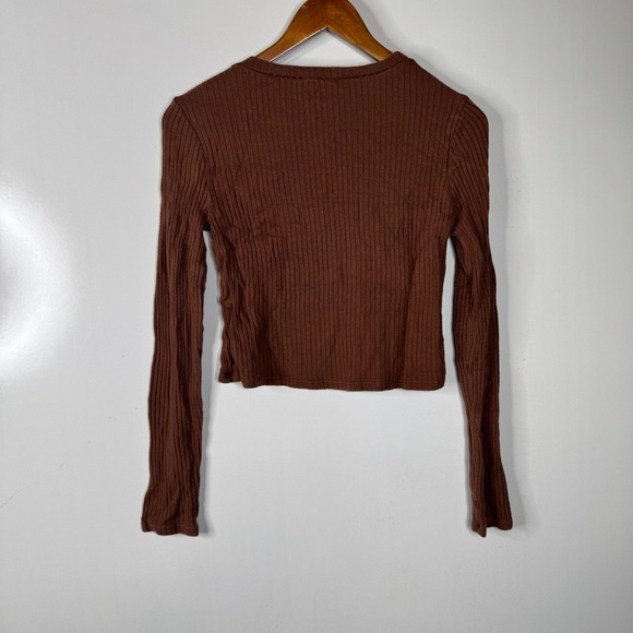 Reformation Brown Ribbed Cropped Long Sleeve Shirt Size Small - Picture 2 of 4